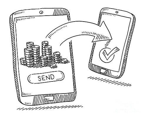 Wall Art - Drawing - Money Transfer Smartphone Technology Drawing by Frank Ramspott