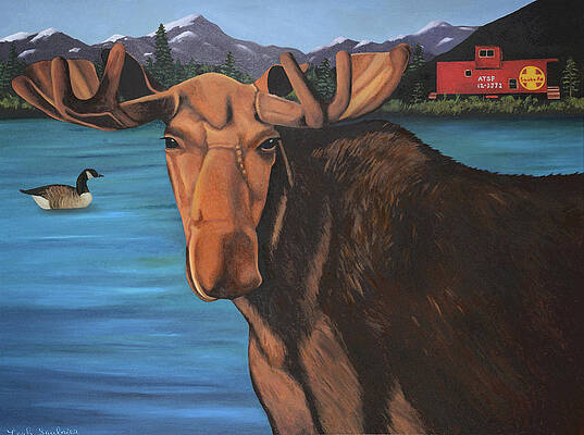 Moose With A Goose and A Red Caboose by Leah Saulnier The Painting Maniac Moose With A Goose and A Red Caboose by Leah Saulnier The Painting Maniac