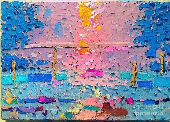 Wall Art - Painting - Morning Painting blue boats sky sun landscape yellow pretty pink sailboat sea ships sunrise abstract acrylic art artwork beautyful blue brush brush stroke canvas cloth colour colourful composition by N Akkash