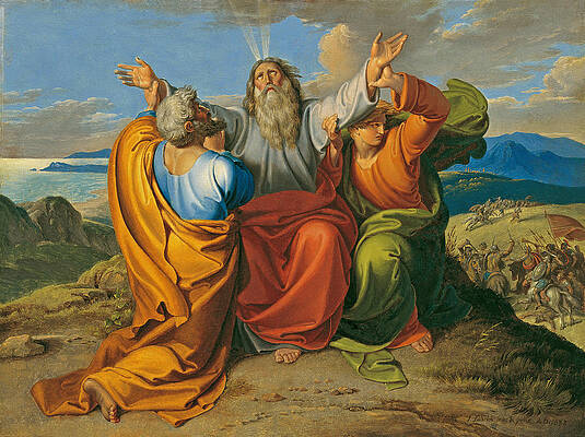 Moses in prayer with Aaron and Hur on the Mountain Horeb Print by Joseph von Fuehrich