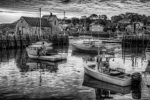 Wall Art - Photograph - Motif #1 and Lobster Boats at Sunrise in Rockport Harbor - Black and White by Gregory Ballos