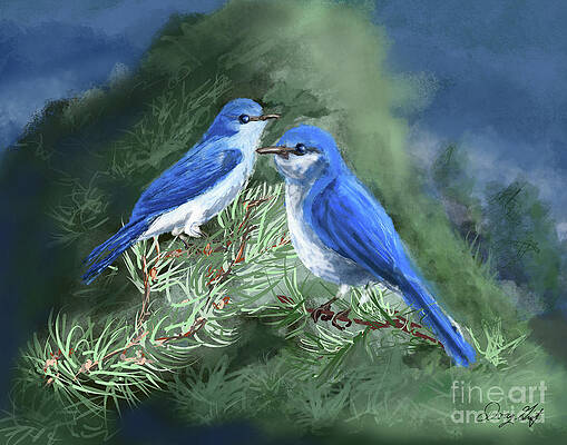 Wall Art - Digital Art - Mountain Bluebirds in Pinion Pines by Doug Gist