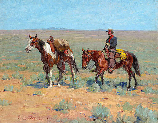 Mounted Cowboy and Pack Horse Print by Richard Lorenz