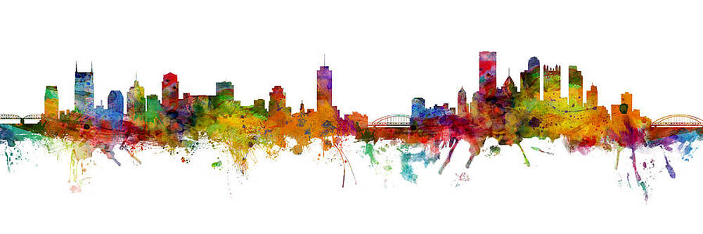 Wall Art - Digital Art - Nashville and Pittsburgh Skyline Mashup by Michael Tompsett