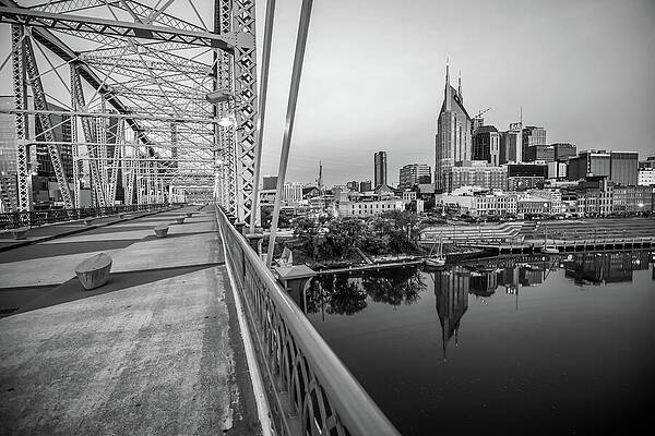 Wall Art - Photograph - Nashville Skyline and Pedestrian Bridge Black and White by Gregory Ballos