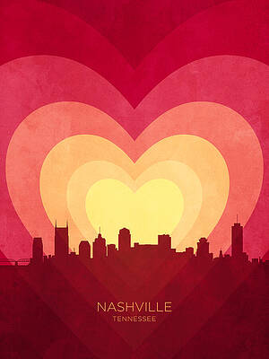 Wall Art - Digital Art - Nashville Tennessee Skyline Hearts Red Yellow #26 by Michael Tompsett
