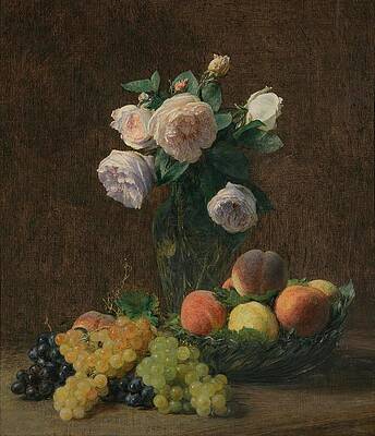 Wall Art - Drawing - Nature Morte Vase De Roses Peches Et Raisins  art by Henri FantinLatour French