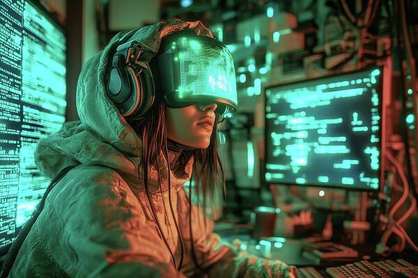 Wall Art - Digital Art - Neon Hacker - Cyberpunk Girl in a Digital World by Matthias Hauser