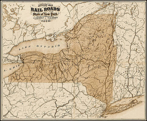 Wall Art - Drawing - New York Railroad Vintage Revised Map 1876 Sepia by Carol Japp