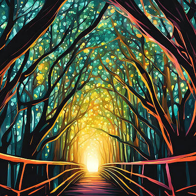 Wall Art - Digital Art - No 03, Aesthetic Glowing Tree Canopy Walk In Abstract Style by Mounir Khalfouf