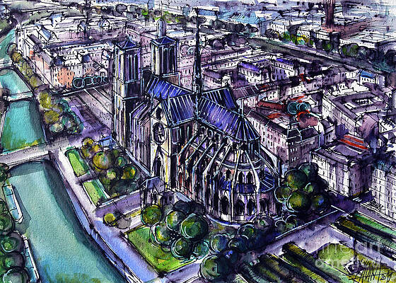 NOTRE DAME DE PARIS AERIAL VIEW watercolor painting Mona Edulesco by Mona Edulesco NOTRE DAME DE PARIS AERIAL VIEW watercolor painting Mona Edulesco by Mona Edulesco