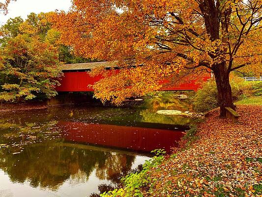 Leaves Falling On Covered Bridge by Jeffrey Koss Leaves Falling On Covered Bridge by Jeffrey Koss