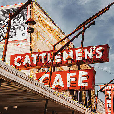 Oklahoma City Skyline Wall Art featuring the photograph Oklahoma Stockyard City Steakhouse - Cattlemens Cafe Neon 1x1 by Gregory Ballos