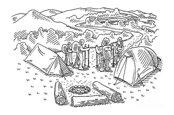 Wall Art - Drawing - Outdoor Camping And Hiking Family Drawing by Frank Ramspott