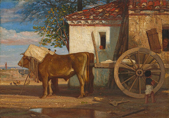 Oxen before a Farmhouse at Le Verrier Print by Alexandre-Gabriel Decamps