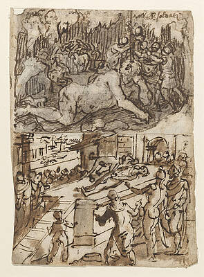 Page of a sketchbook showing two scenes, one including the Blinding of Cyclops Print by Jan van der Straet