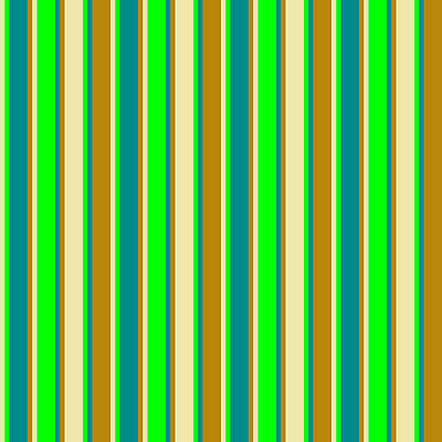 [ Thumbnail: Pale Goldenrod, Lime, Dark Cyan, and Dark Goldenrod Colored Stripes/Lines Pattern Art Print ]