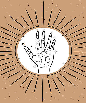 Wall Art - Drawing - Palmistry concept with eye symbol, sun and moon phases illustration, magical universe art print by Mounir Khalfouf