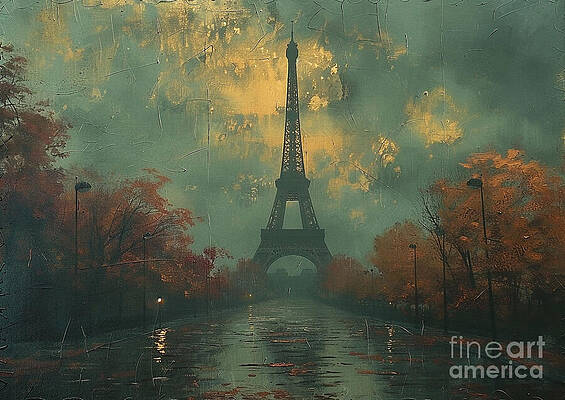 Wall Art - Painting - Paris Tower Eiffel Eiffel Tower Retro Retro Photo Monochrome Eiffel Tower in Paris, France A Rainy Autumn Evening by Clark Leffler