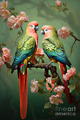 Wall Art - Digital Art - Two Parrots on a Blossom Branch by Carlos Diaz