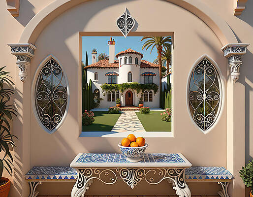 Wall Art - Digital Art - Patio With Oranges And Interdimensional Portal by Eris And AI