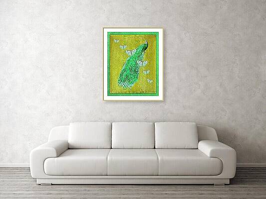 Wall Art - Mixed Media - Peacock and Butterflies in gold frame for visualization only by Lorena Cassady