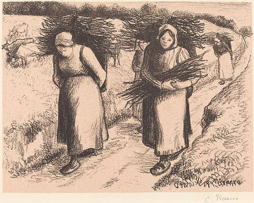 Peasants Carrying Sticks Print by Camille Pissarro