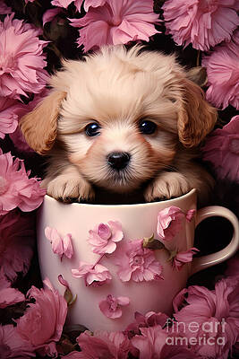 Wall Art - Digital Art - Puppy Peekaboo In Floral Tea Cup by Carlos Diaz