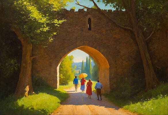Nature Wall Art featuring the digital art People Walking On A Path Under A Medieval Stone Gate - Digital Painting by Nicko Prints