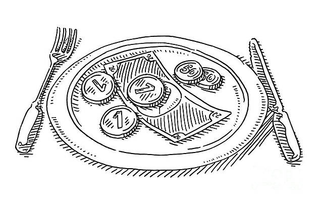 Wall Art - Drawing - Place Setting Money On A Plate Drawing by Frank Ramspott