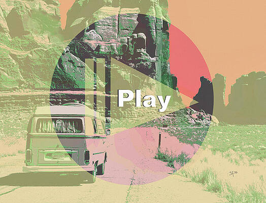 Wall Art - Mixed Media - Play Button Overlay on Retro Road Trip Travel Poster Style by Shelli Fitzpatrick