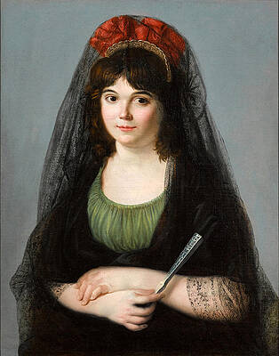 Portrait of a Young Woman half length holding a Fan Print by Zacarias Gonzalez Velazquez