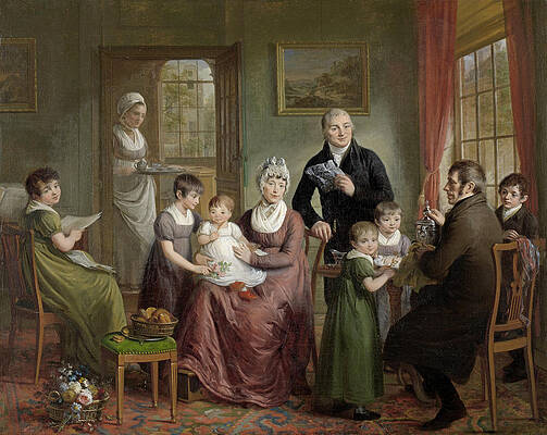 Portrait Of The Family Of Adrianus Bonebakker With Dirk L. Bennewitz Print by Adriaan de Lelie