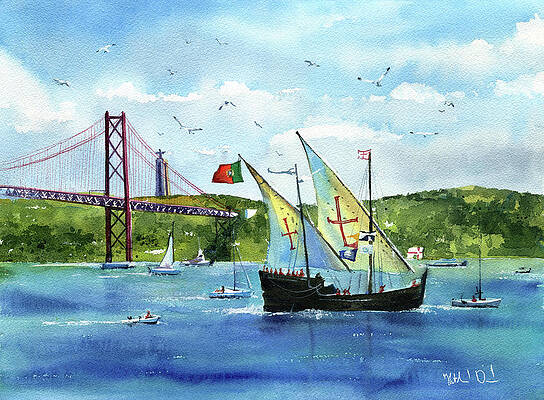 Wall Art - Painting - Portuguese Caravel On The Tall Ships Races in Lisbon by Dora Hathazi Mendes