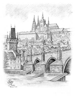 Wall Art - Drawing - Prague View from Charles Bridge to the mala strana with the castle in the background by Vlado Ondo