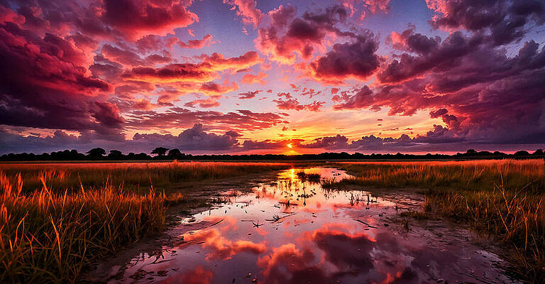 Wall Art featuring the digital art Puddles In Grass Field After Rain, With A Beautiful Pink Sunset Sky With Clouds - Digital Painting by Nicko Prints