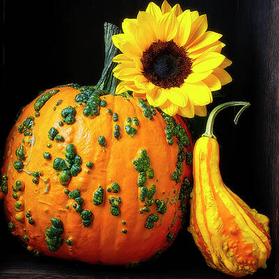Pumpkin And Sunflower In Box by Garry Gay Pumpkin And Sunflower In Box by Garry Gay