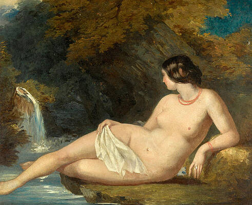 Reclining female nude by a waterfall Print by William Etty
