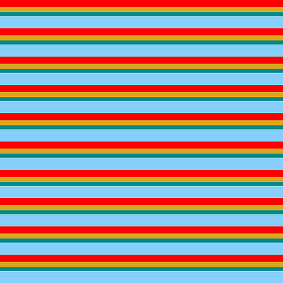 [ Thumbnail: Red, Goldenrod, Dark Cyan, and Light Sky Blue Colored Stripes Pattern Art Print ]