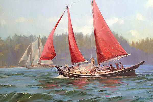 Wall Art - Painting - Red Sail Day by Steve Henderson