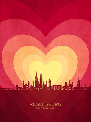Wall Art - Digital Art - Regensburg Germany Skyline Hearts Red Yellow #94 by Michael Tompsett