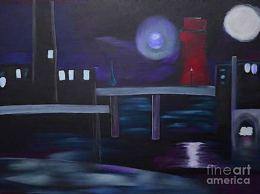 Wall Art - Painting - River Basin Painting river sailboat sailing cityscape canal conceptual fullmoon abstraction moon night basin objective abstract alley architecture art artistic artwork background blur bright by N Akkash