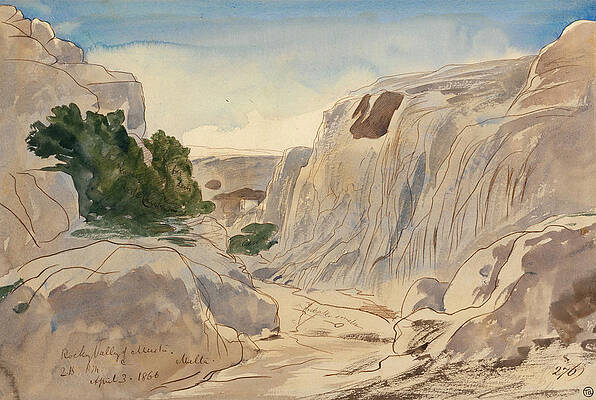 Rocky Valley of Mosta, Malta, 2-15 p.m., April 3, 1866 Print by Edward Lear