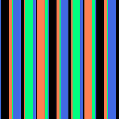 [ Thumbnail: Royal Blue, Black, Coral, and Green Colored Striped/Lined Pattern Acrylic Print ]