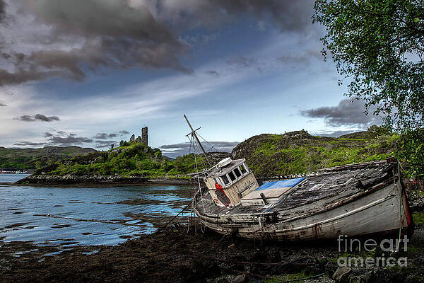Ruin Of Castle Moil With Ship Wreck At The Atlantic Coast Of The Isle Of Skye In Scotland by Andreas Berthold Ruin Of Castle Moil With Ship Wreck At The Atlantic Coast Of The Isle Of Skye In Scotland by Andreas Berthold
