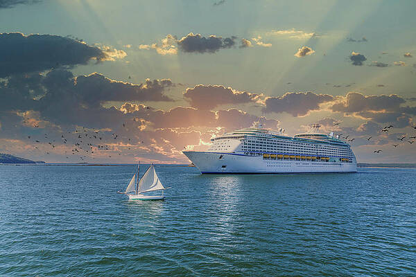 Sailboat and Cruise Ship at Sunset by Darryl Brooks Sailboat and Cruise Ship at Sunset by Darryl Brooks