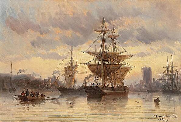 Wall Art - Drawing - Sailing Ships in a Harbour  by Carl Joseph Kuwasseg French
