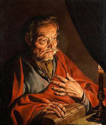 Saint Matthew by candlelight Print by Matthias Stom