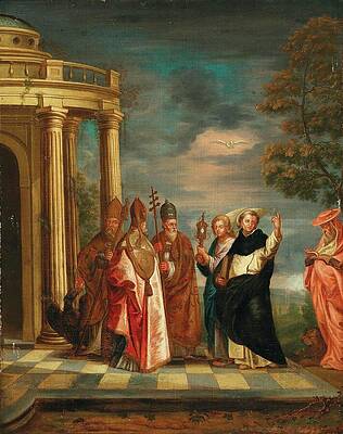 Wall Art - Painting - Saint Thomas Aquinas with Saints Ambrose  Augustine  Pope Gregory the Great and Jerome contemplating by Master Style