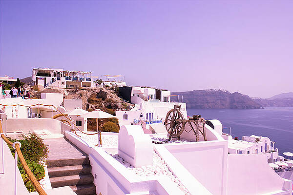 Wall Art - Photograph - Santorini, Greece Traditional Spinning Wheel kept on a roof as decoration in Oia, Thira, Cyclades Islands, Greek Islands, EU, Europe by Arpan Bhatia